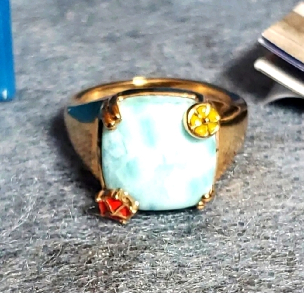 Vermeil YG Over Silver Larimar Enameled Ring Size 7